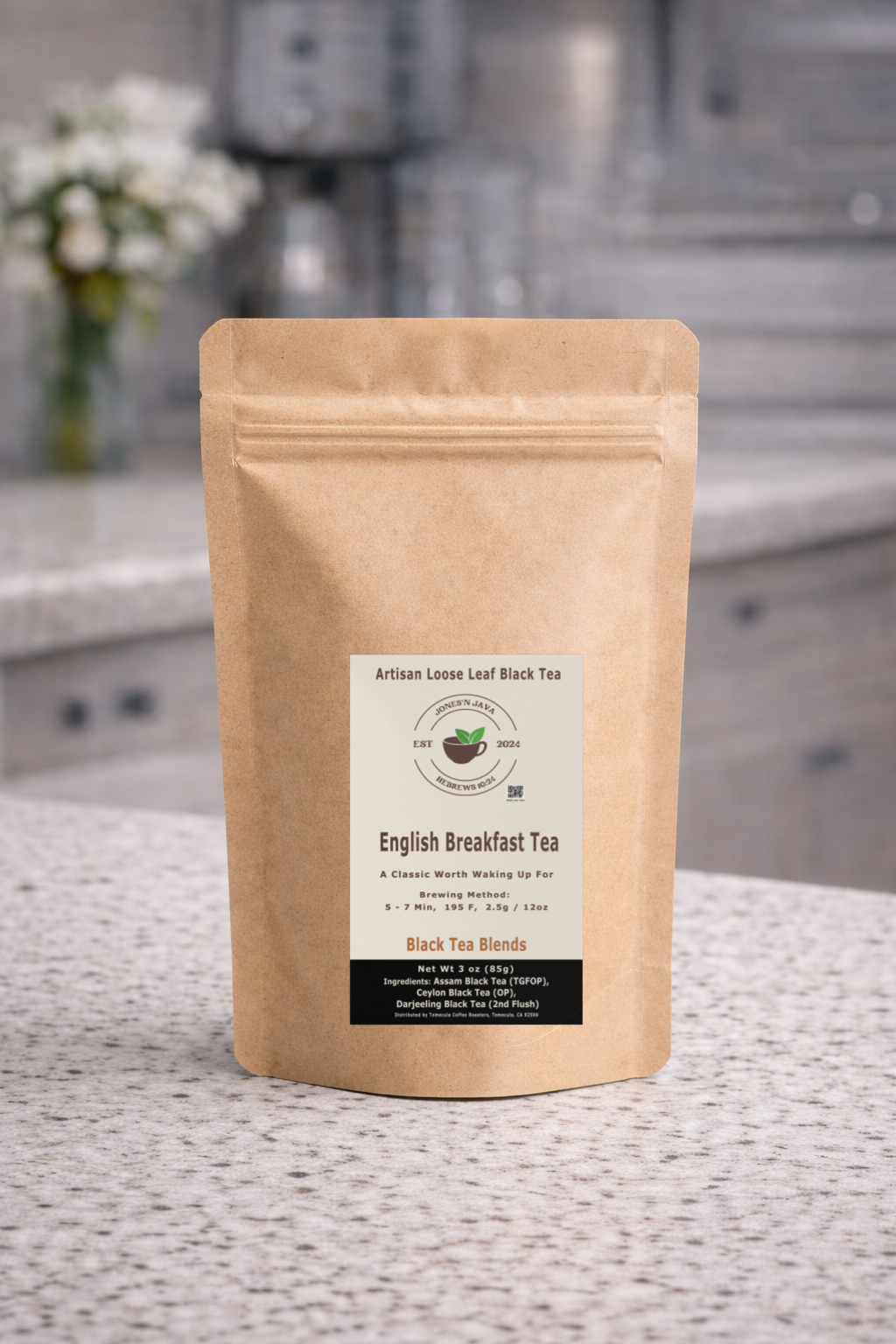 English Breakfast loose leaf black tea in 3 oz kraft pouch