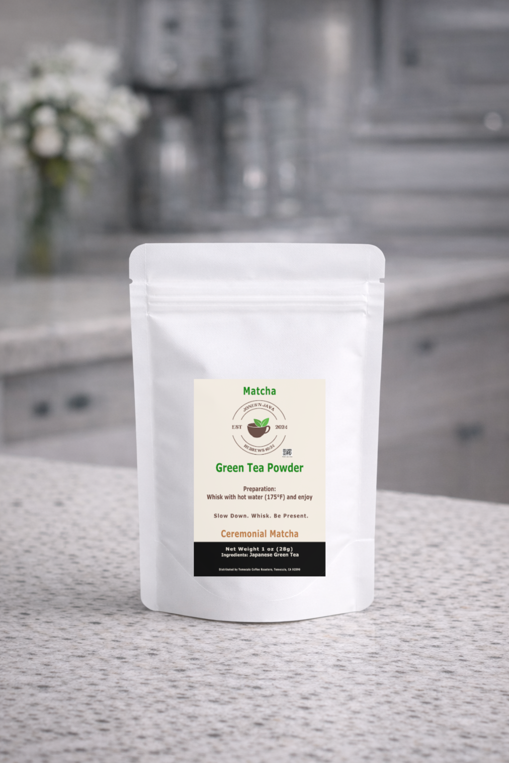 Ceremonial matcha green tea powder in 1oz bag by Jones’N Java
