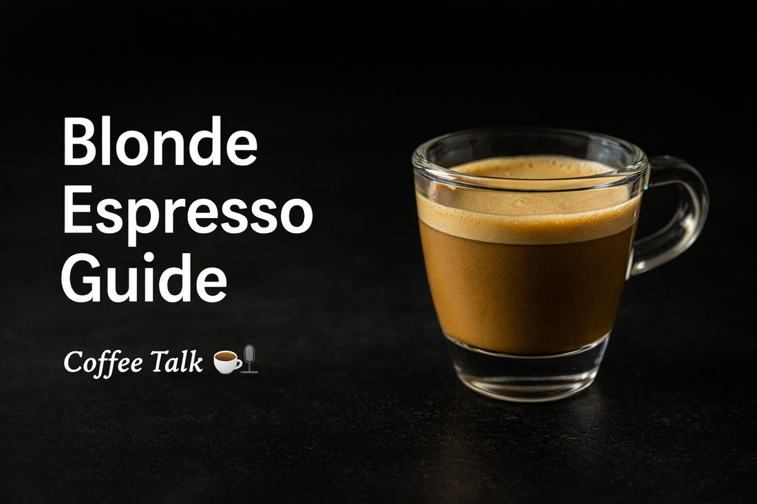 Blonde espresso guide in glass cup with crema