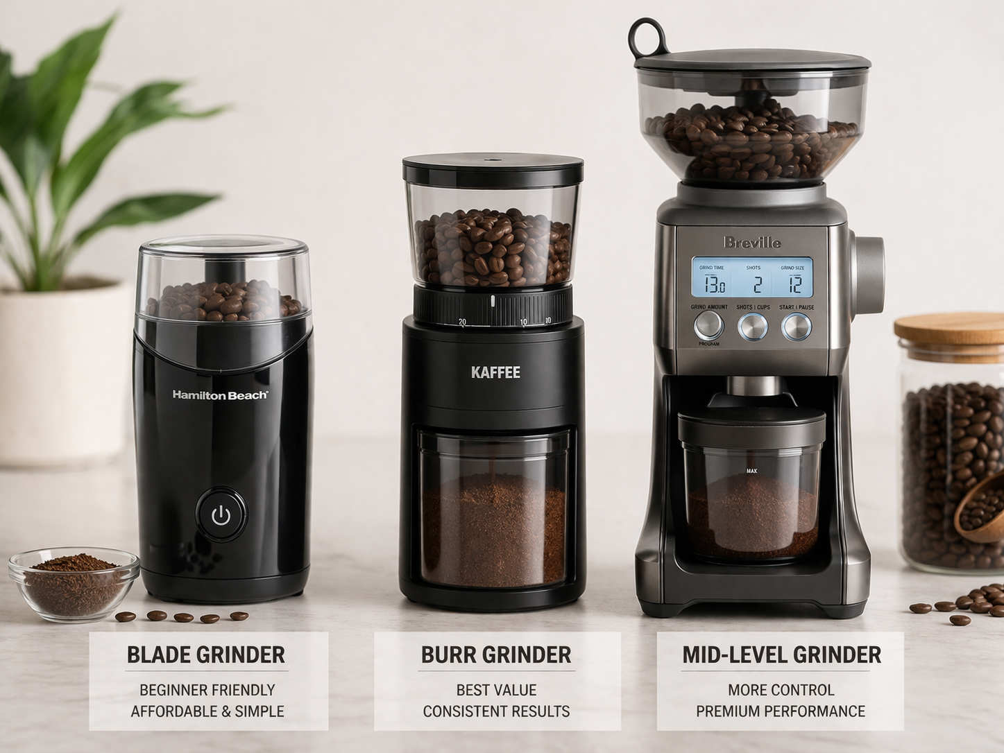 Three coffee grinders for beginners showing blade grinder vs burr grinder vs mid-level grinder comparison