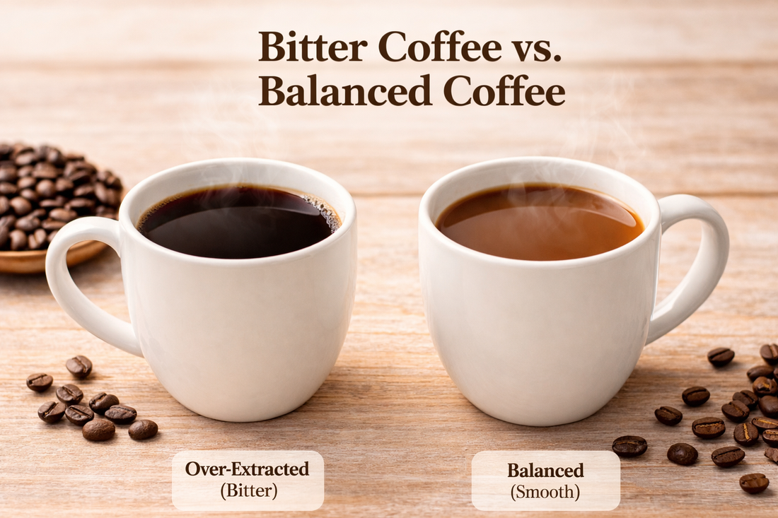 Dark over-extracted bitter coffee in mug compared to balanced smooth coffee