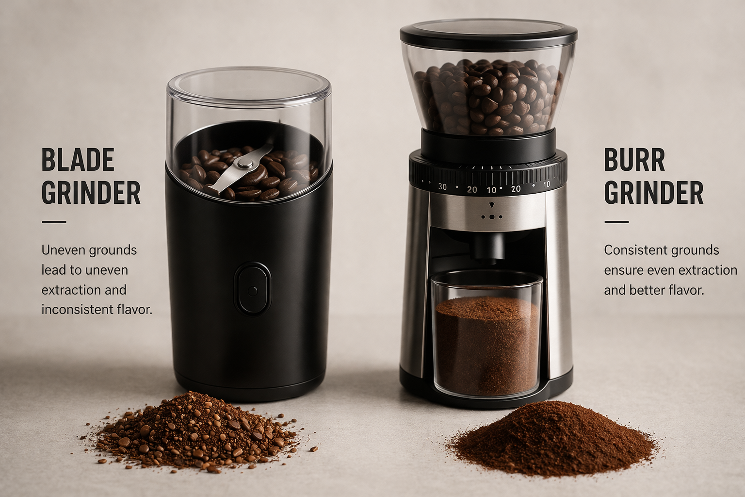 Burr grinder vs blade grinder comparison showing consistent vs uneven coffee grounds