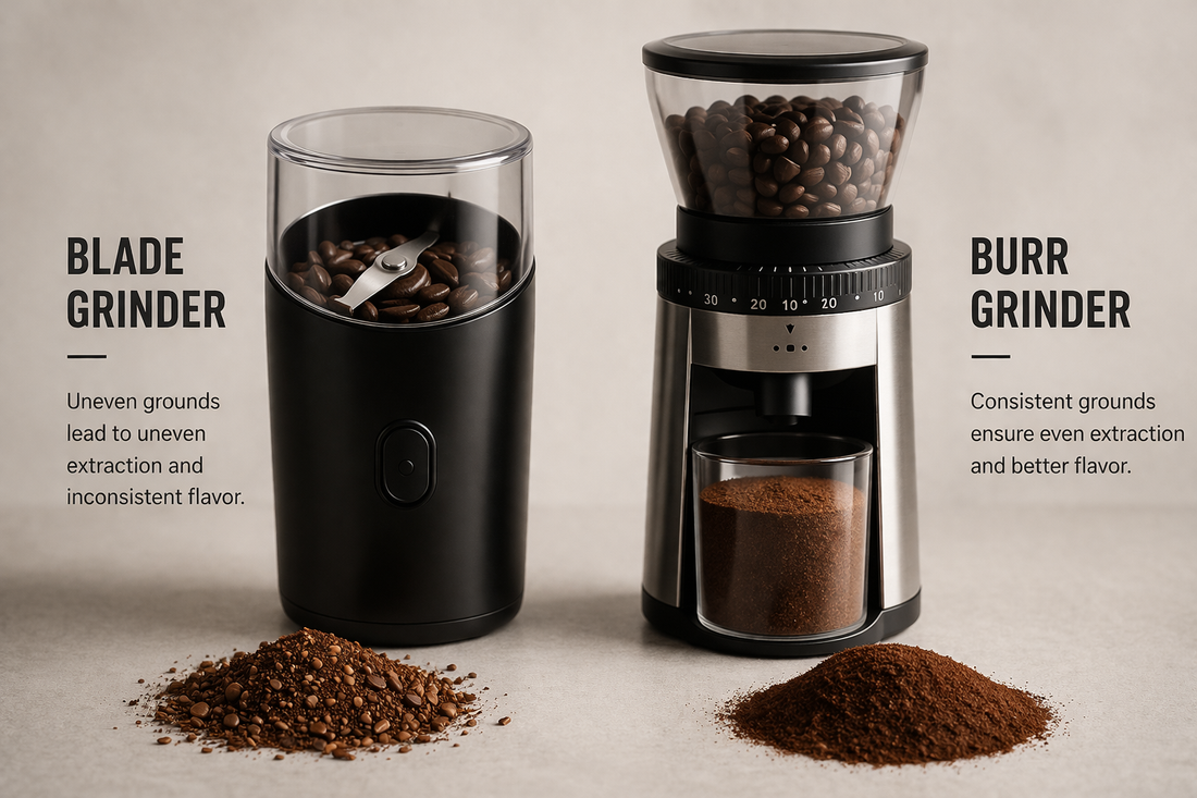 Burr grinder vs blade grinder comparison showing consistent vs uneven coffee grounds