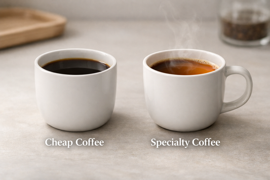 Cheap coffee vs specialty coffee comparison showing difference in color and quality