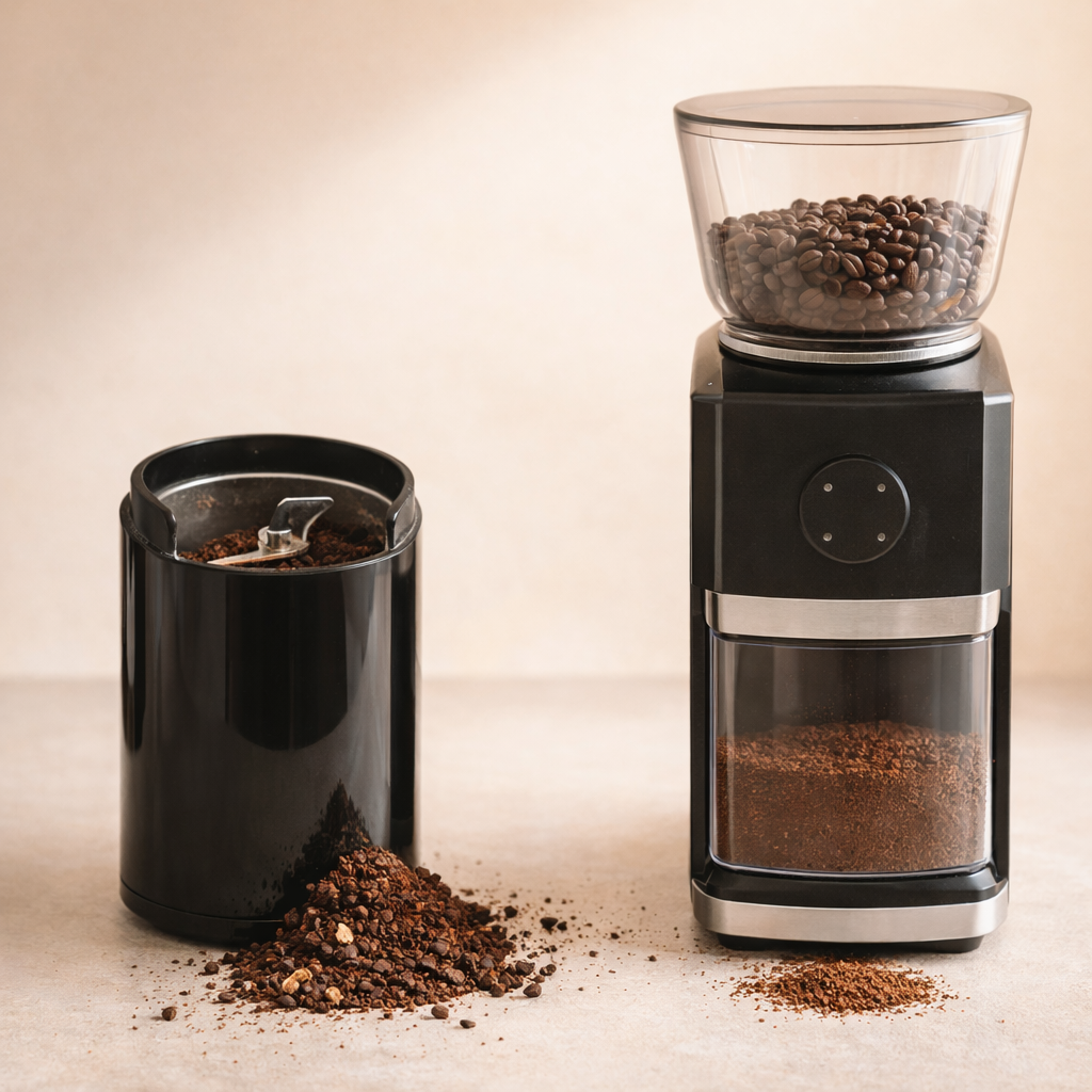 Side by side comparison of blade coffee grinder and burr grinder showing difference in grind consistency
