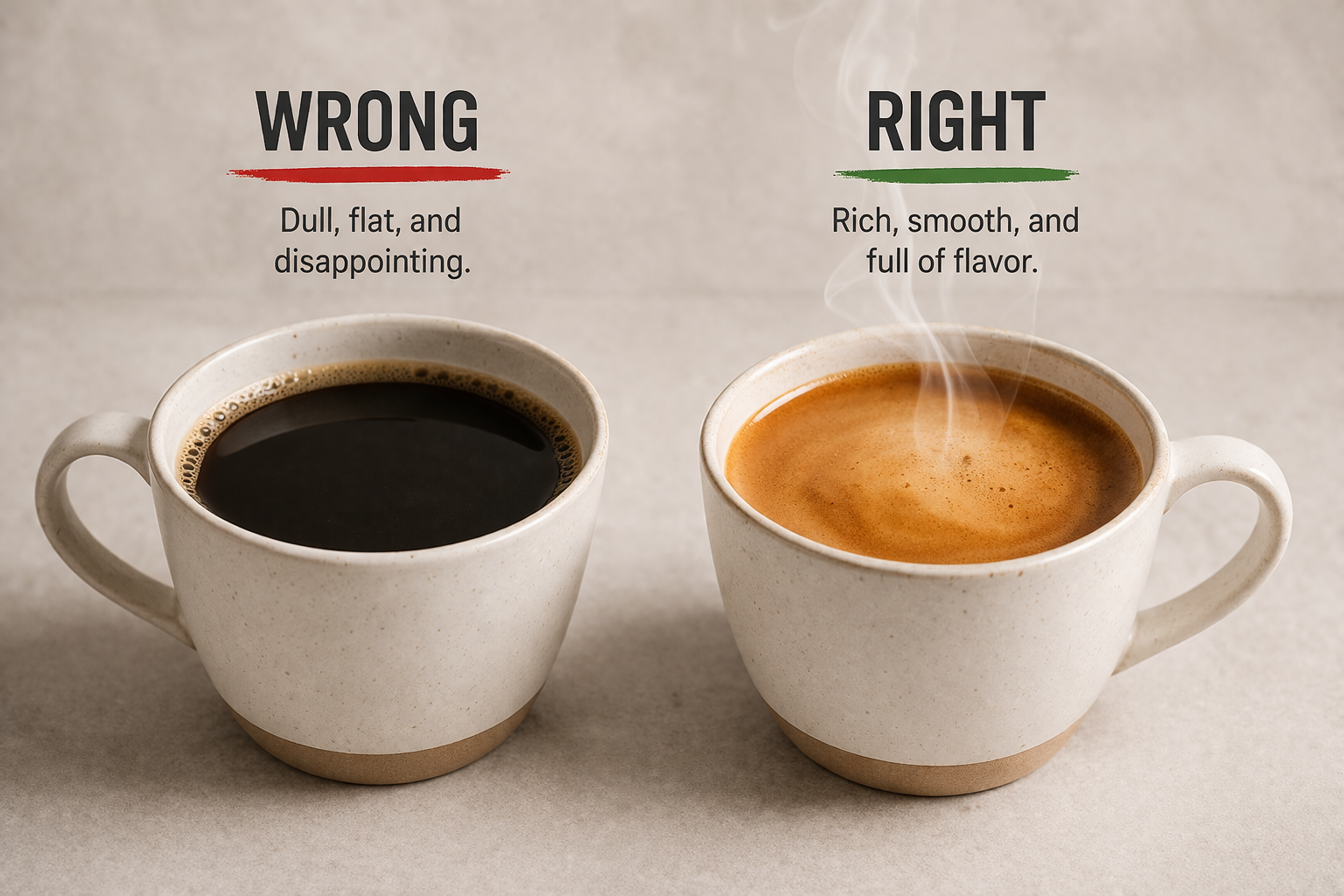 Comparison of bad coffee vs good coffee showing common beginner mistakes and improved brewing results