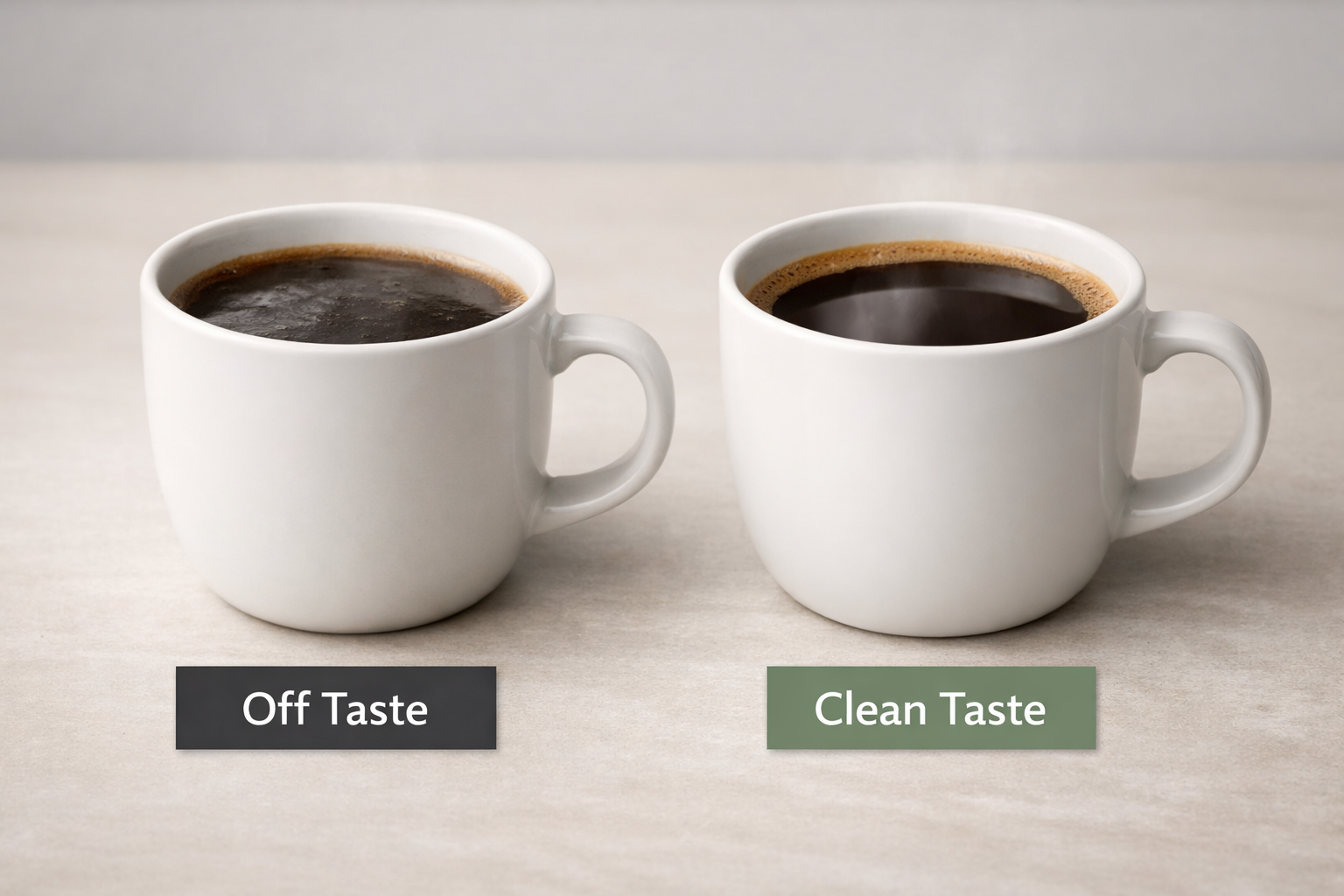 Coffee tasting clean and smooth next to a cup with off-flavor representing chemical taste problem