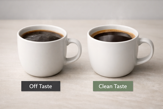 Coffee tasting clean and smooth next to a cup with off-flavor representing chemical taste problem