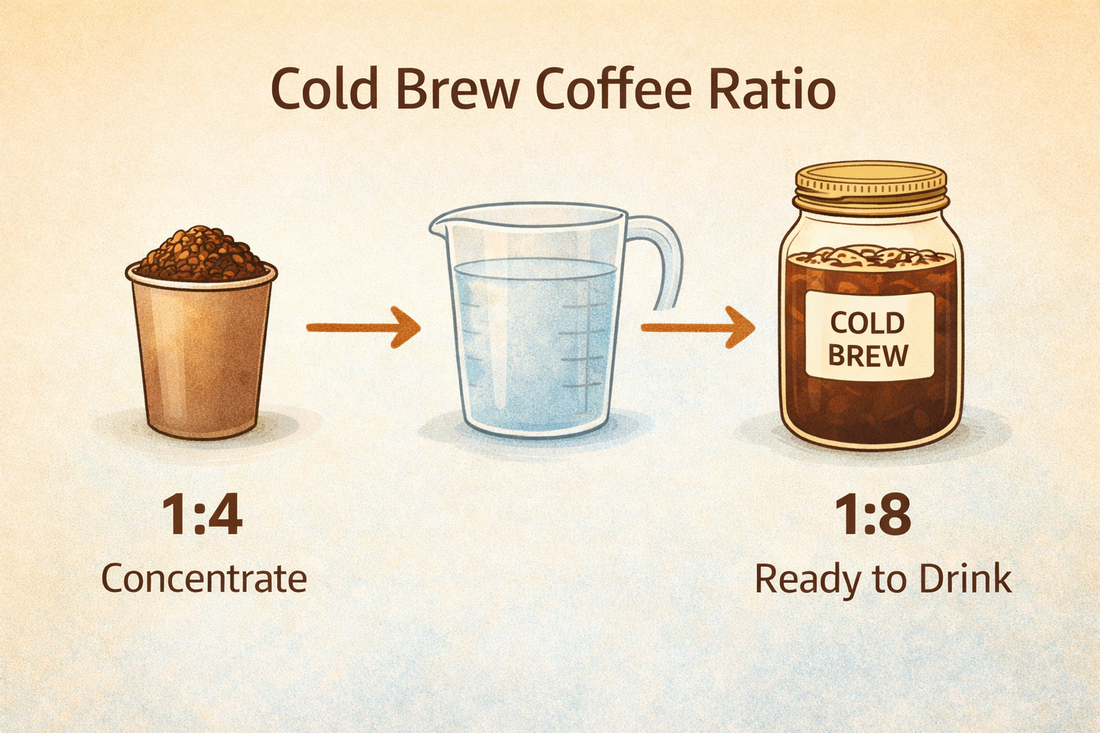cold brew coffee ratio guide showing 1 to 4 concentrate and 1 to 8 ready to drink cold brew coffee ratio