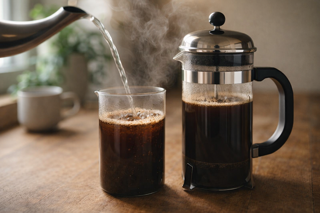 French press brewing method showing hot water extraction of coffee grounds