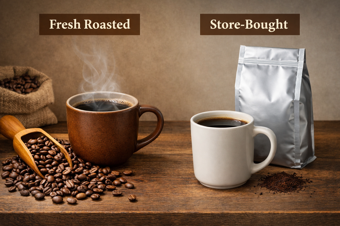 fresh roasted coffee vs store bought coffee comparison side by side