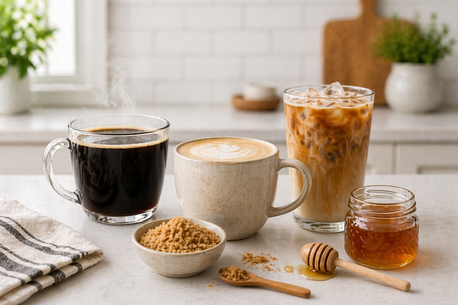 simple home coffee setup with latte iced coffee and brewed coffee drinks