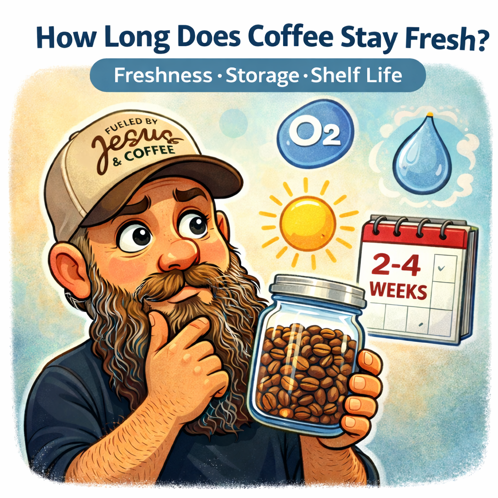 Cartoon man holding a jar of coffee beans wondering how long coffee beans stay fresh