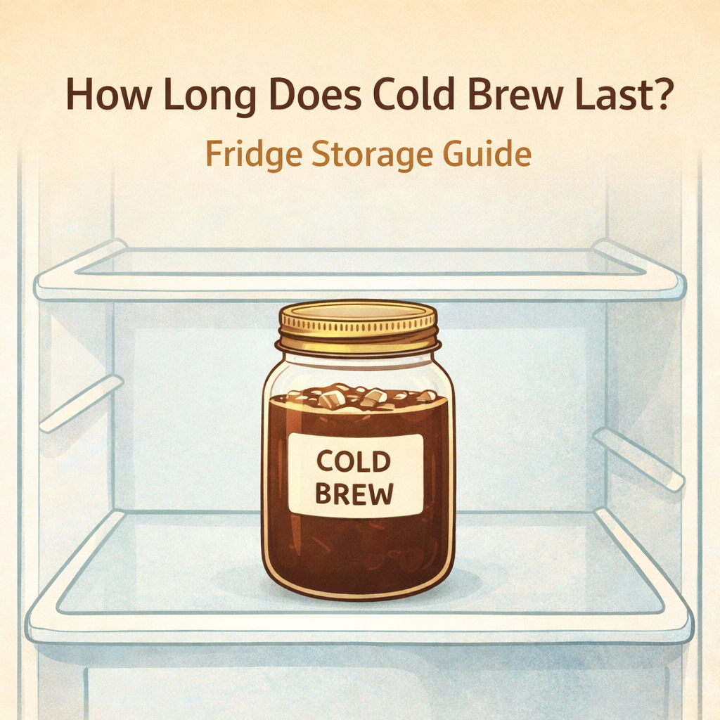 Cold brew coffee stored in a mason jar in a refrigerator showing how long cold brew lasts in the fridge