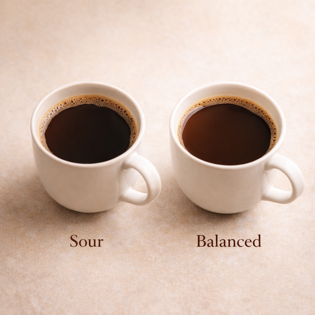 Comparison of sour acidic coffee vs balanced coffee showing difference in extraction