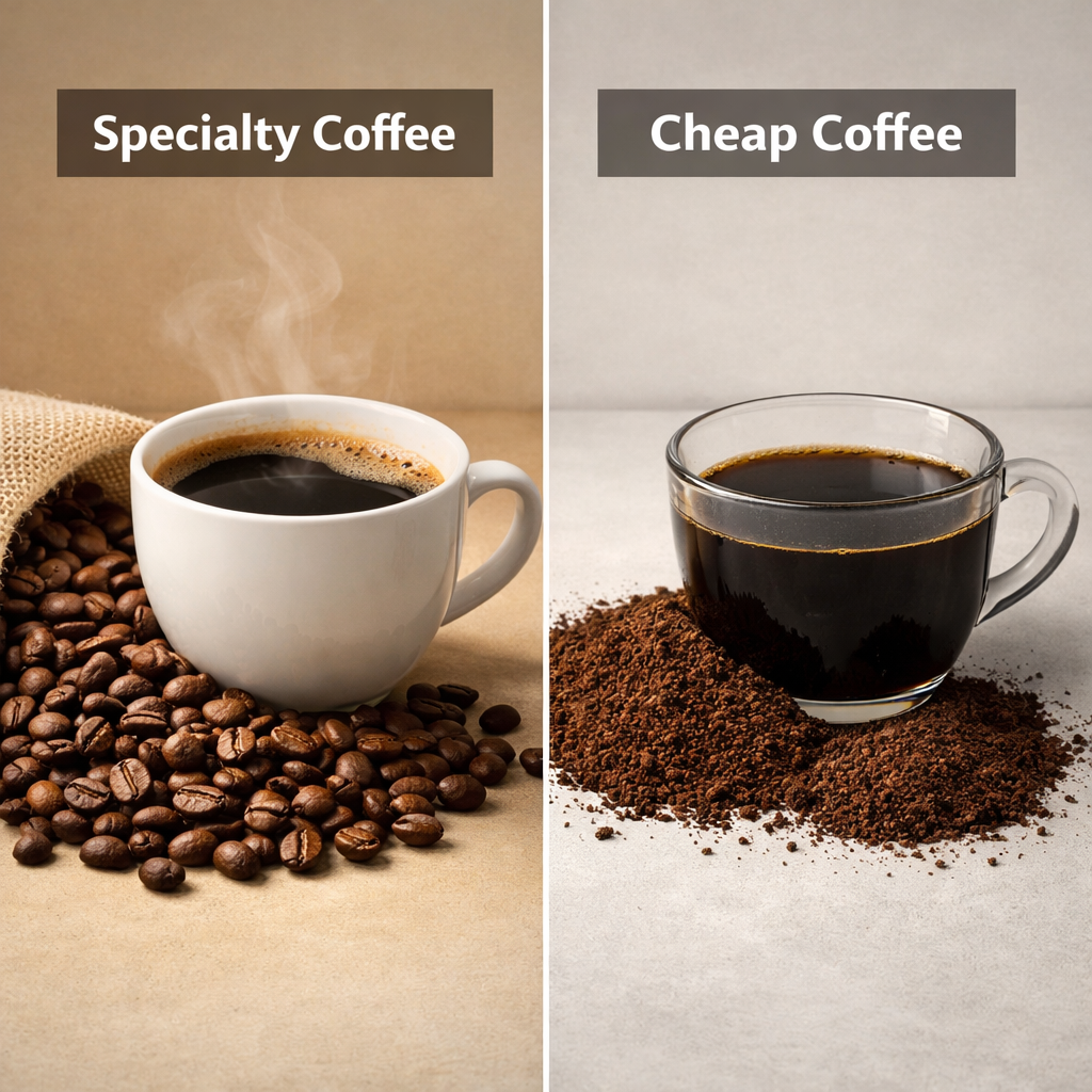 Side by side comparison of specialty coffee vs cheap coffee showing fresh beans and a rich brewed cup versus dull pre-ground coffee