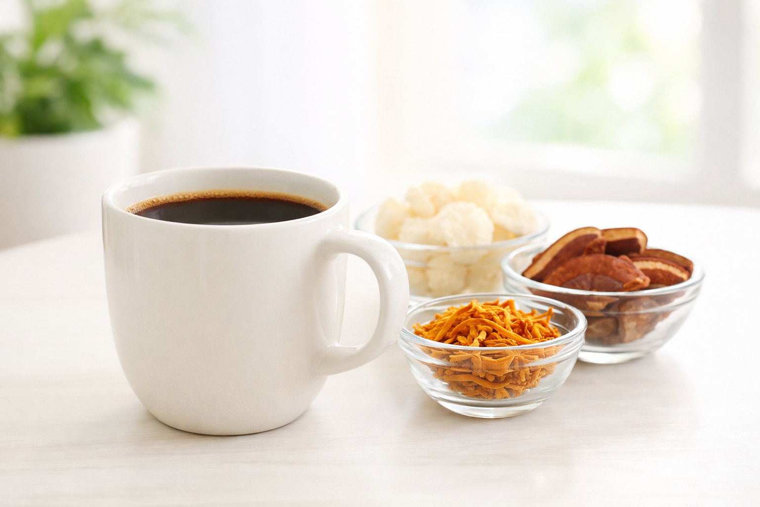 Cup of mushroom coffee with Lion’s Mane, Reishi, and Cordyceps mushrooms on a bright kitchen table in natural morning light.