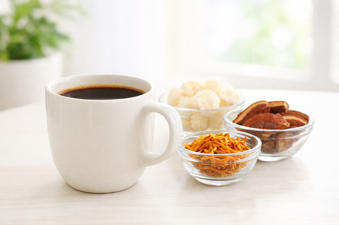Cup of mushroom coffee with Lion’s Mane, Reishi, and Cordyceps mushrooms on a bright kitchen table in natural morning light.
