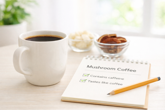 Cup of mushroom coffee beside a checklist highlighting caffeine and taste on a bright kitchen table.