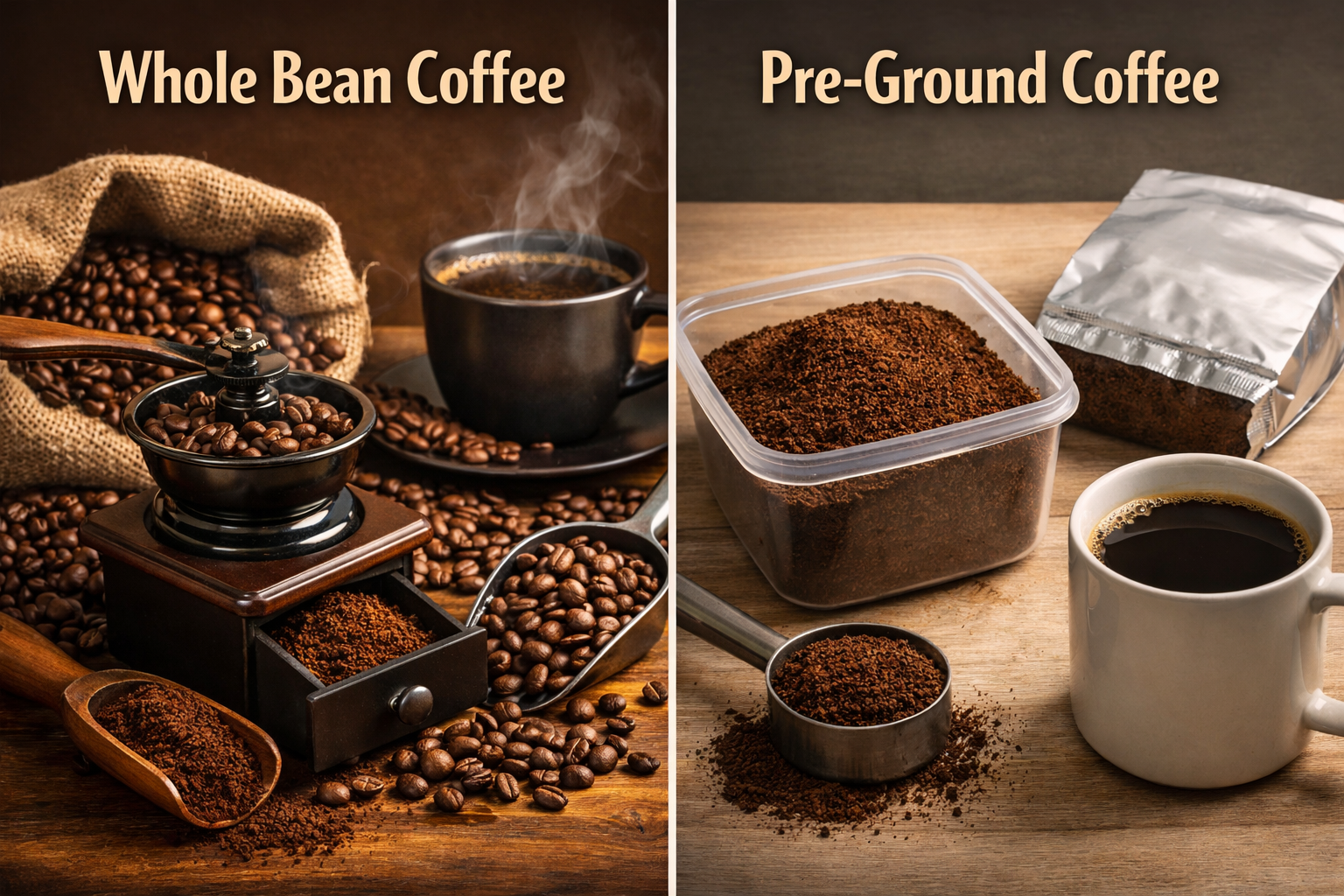 pre ground vs whole bean coffee comparison JonesN Java coffee freshness guide