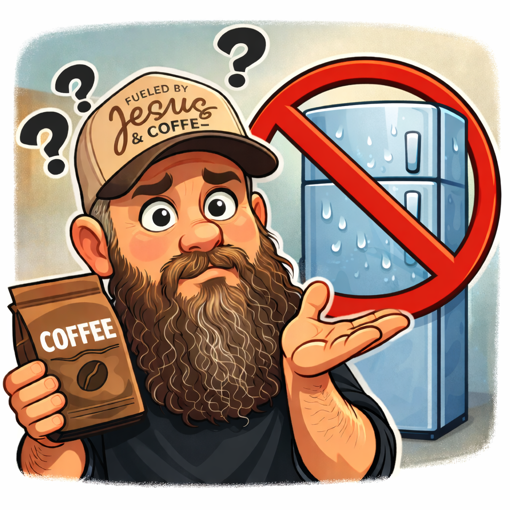 Cartoon illustration showing a man holding coffee with a no symbol over a refrigerator, explaining why coffee should not be stored in the fridge or freezer