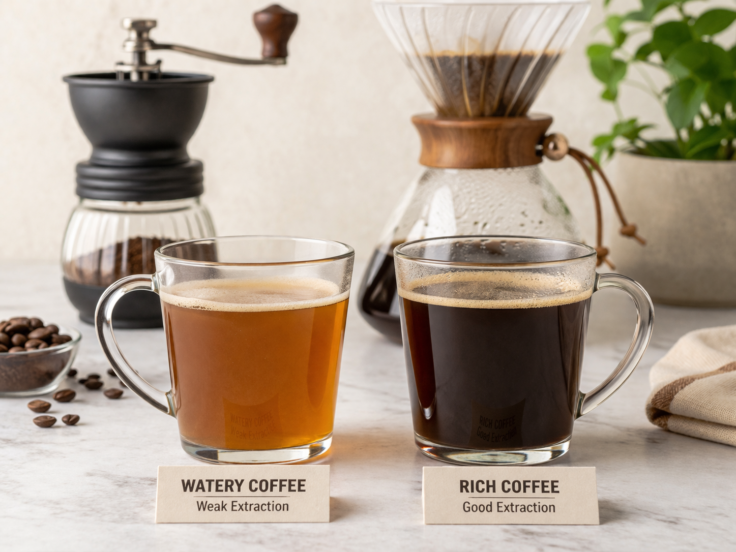 Watery coffee compared to rich coffee showing extraction difference and how to fix weak coffee at home