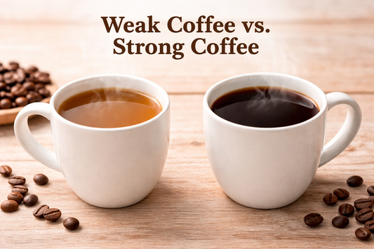 Light weak coffee next to dark strong coffee showing difference in strength and color