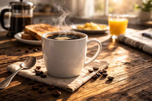 Breakfast Blend coffee in white mug on breakfast table with soft morning light