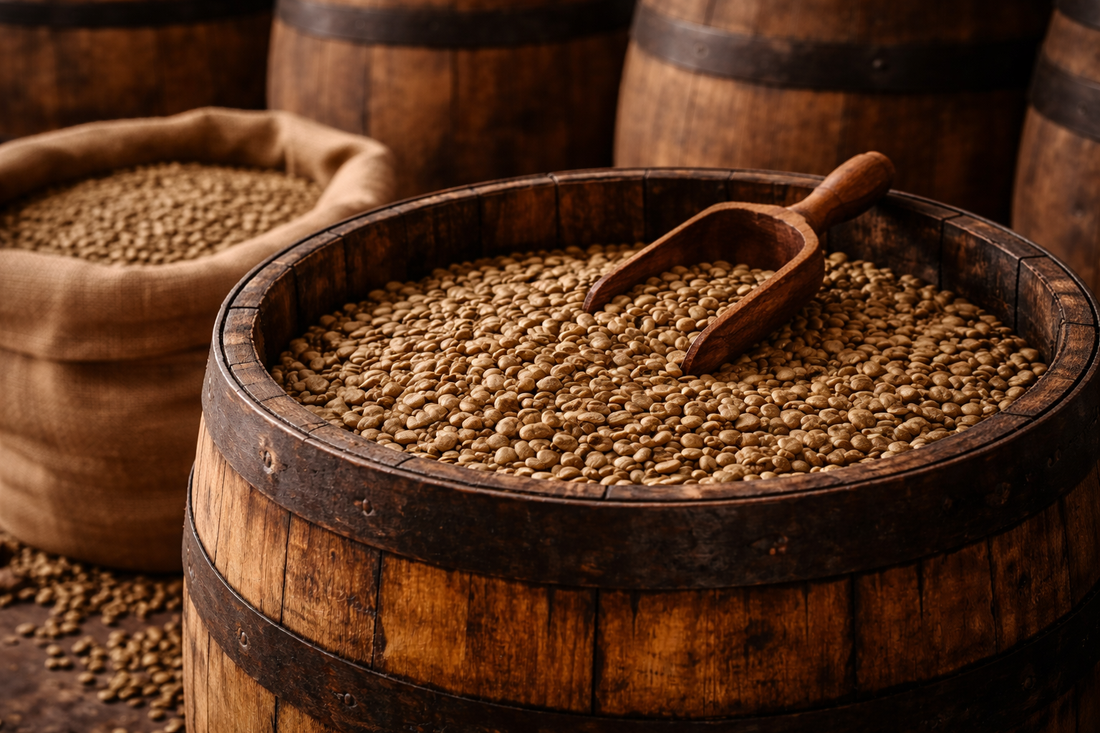 Whiskey barrel-aged coffee beans resting in reclaimed oak barrels to develop subtle flavor without alcohol