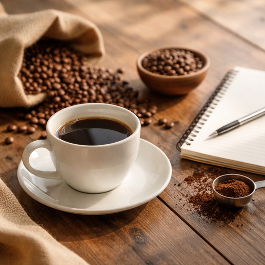 Freshly brewed specialty coffee on a wooden table with coffee beans and a notebook, illustrating coffee education and quality