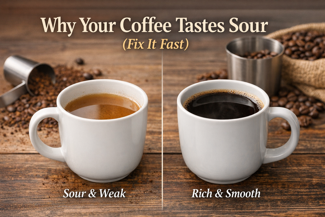 Two cups of coffee showing sour under extracted coffee vs rich smooth coffee with tips on how to fix sour coffee at home