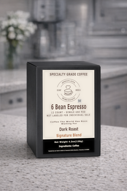 6 Bean Espresso specialty grade coffee pods, dark roast signature blend, Jones'N Java