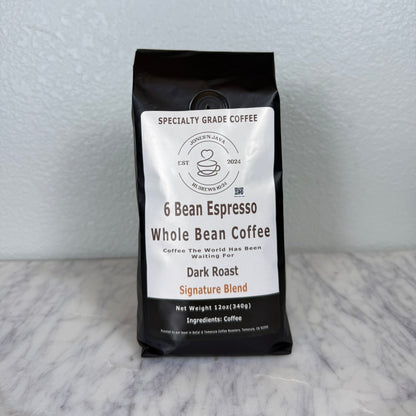 6 Bean Espresso whole bean coffee blend from Jones'N Java specialty espresso roast