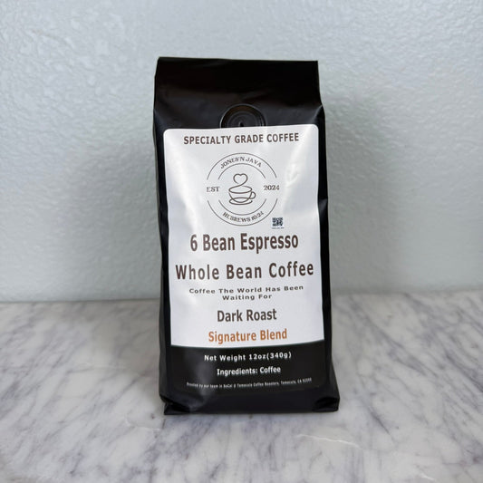 6 Bean Espresso whole bean coffee blend from Jones'N Java specialty espresso roast