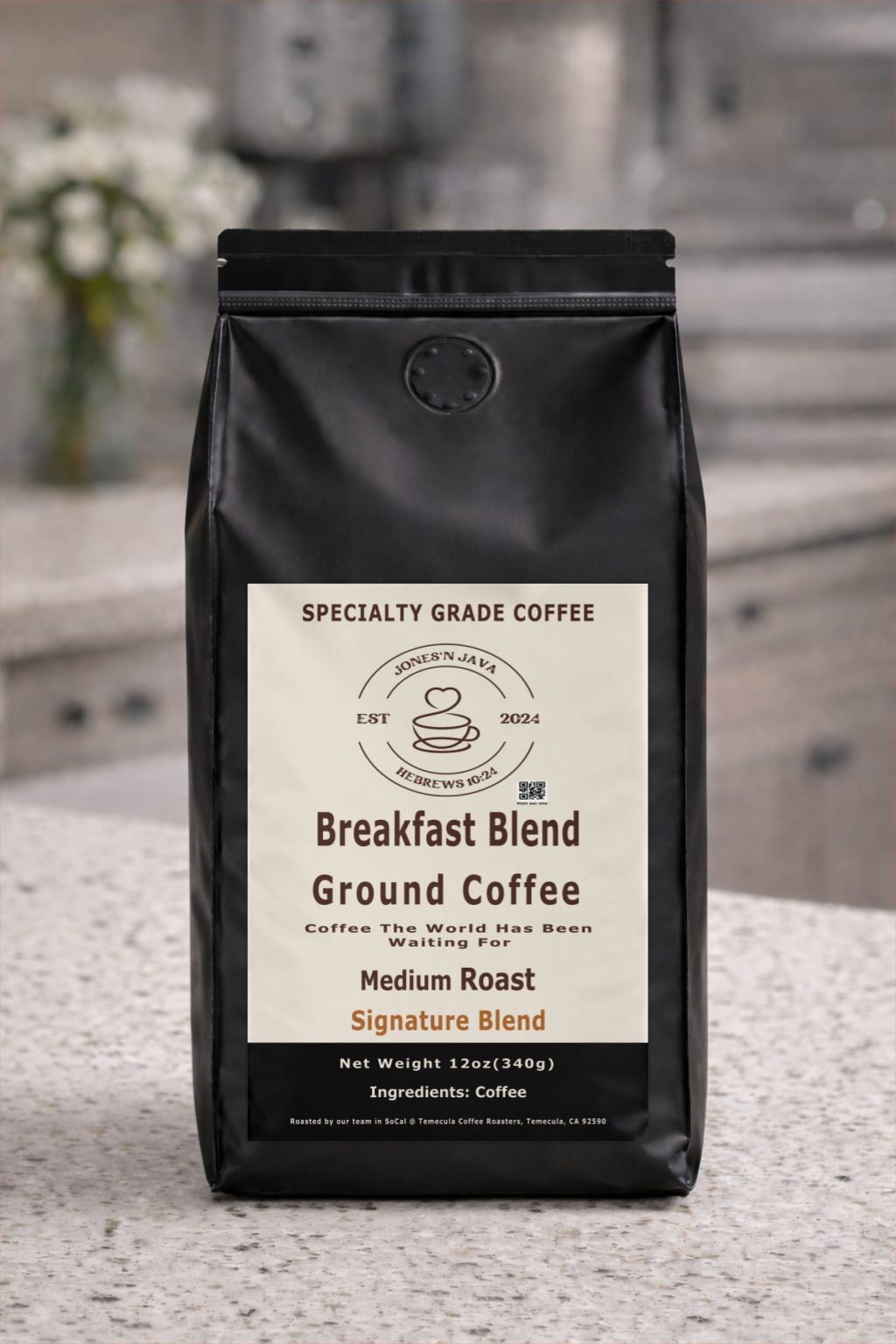 Jones’N Java Breakfast Blend medium roast specialty coffee bag