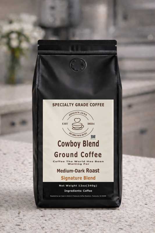 Jones’N Java Cowboy Blend medium-dark roast specialty coffee bag cocoa caramel notes