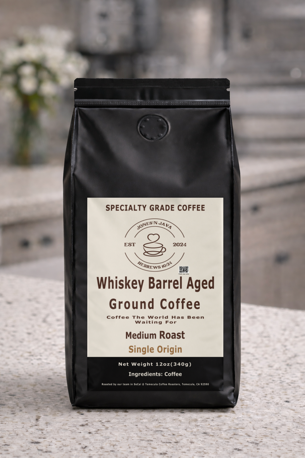 Jones’N Java Whiskey Barrel Aged coffee bag barrel aged specialty coffee