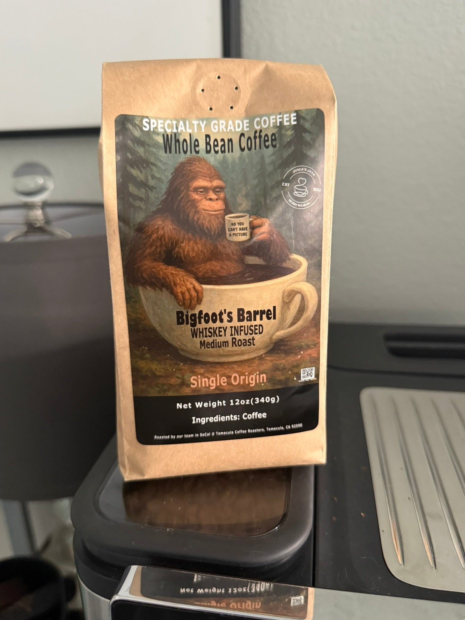 Jones’N Java Bigfoot’s Barrel whiskey infused whole bean coffee, medium roast.