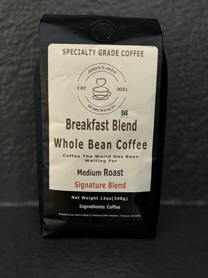 Breakfast Blend whole bean coffee by Jones’N Java, medium roast specialty coffee.