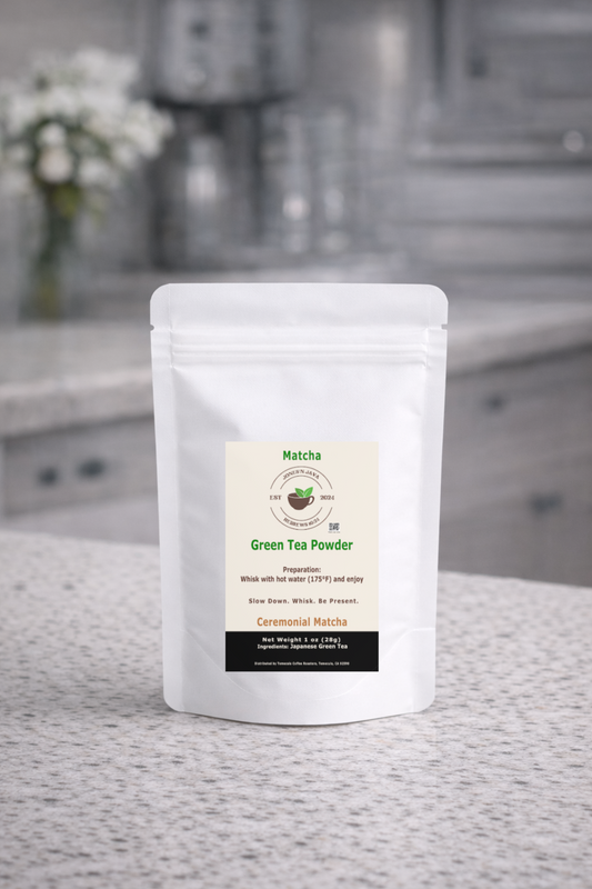 Ceremonial matcha green tea powder in 1oz bag by Jones’N Java