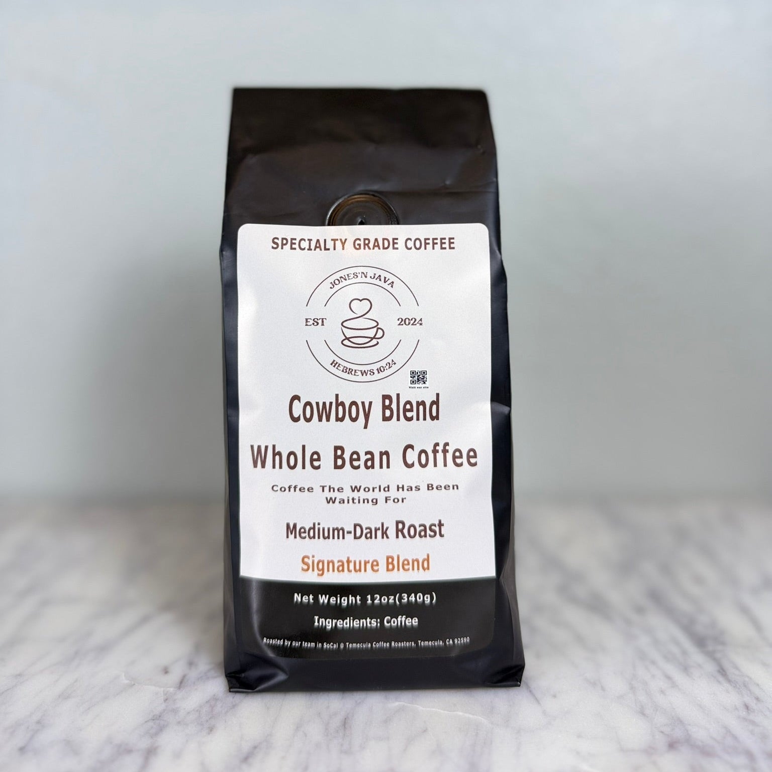 Cowboy Blend whole bean coffee from Jones'N Java medium dark roast specialty blend