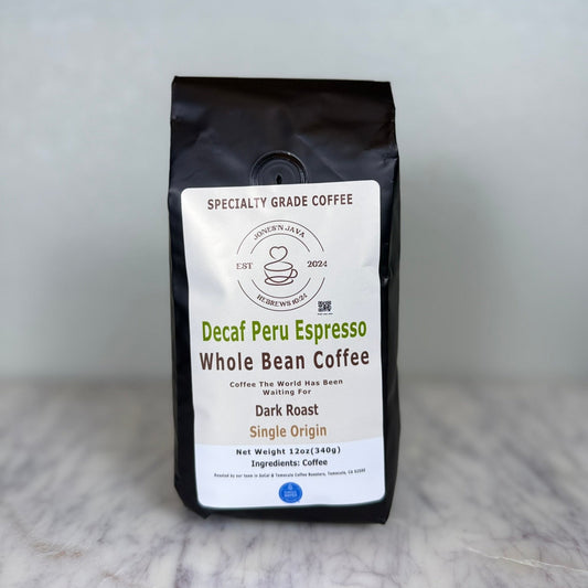 Decaf Peru espresso whole bean coffee from Jones'N Java Swiss Water process decaf