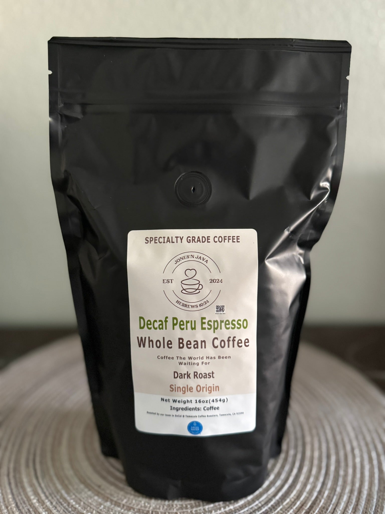 Decaf Peru Espresso whole bean coffee by Jones’N Java, dark roast single origin.
