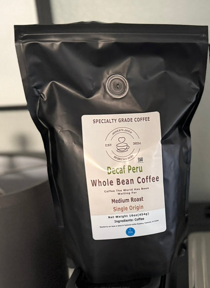 Decaf Peru whole bean coffee by Jones’N Java, medium roast single origin.