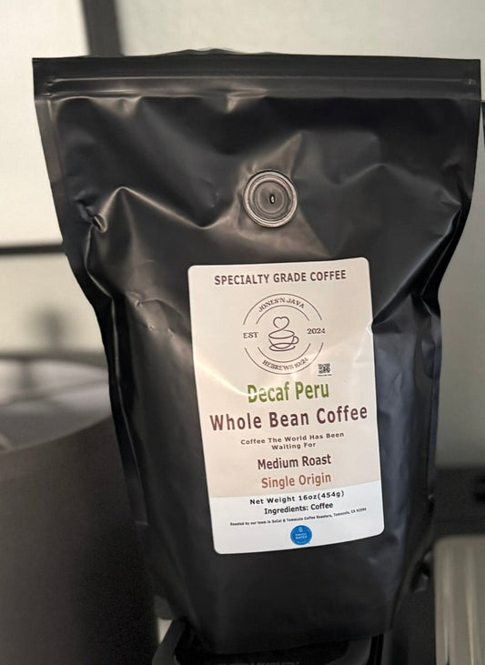 Decaf Peru whole bean coffee by Jones’N Java, medium roast single origin.