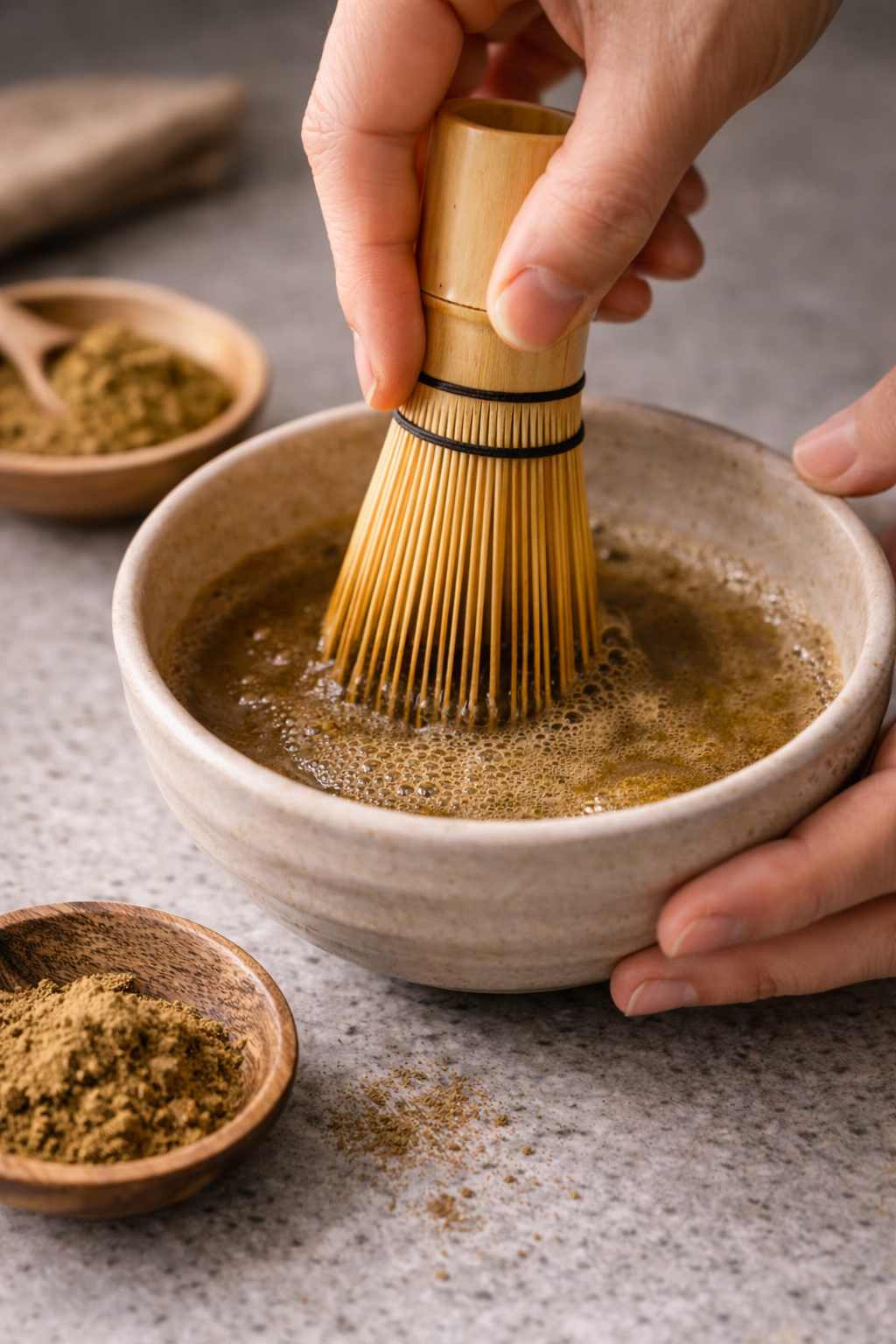 Person whisking hojicha roasted green tea powder in a ceramic bowl
