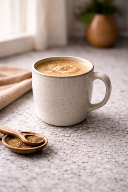 Ceramic mug of hojicha roasted green tea latte on a kitchen counter in natural light