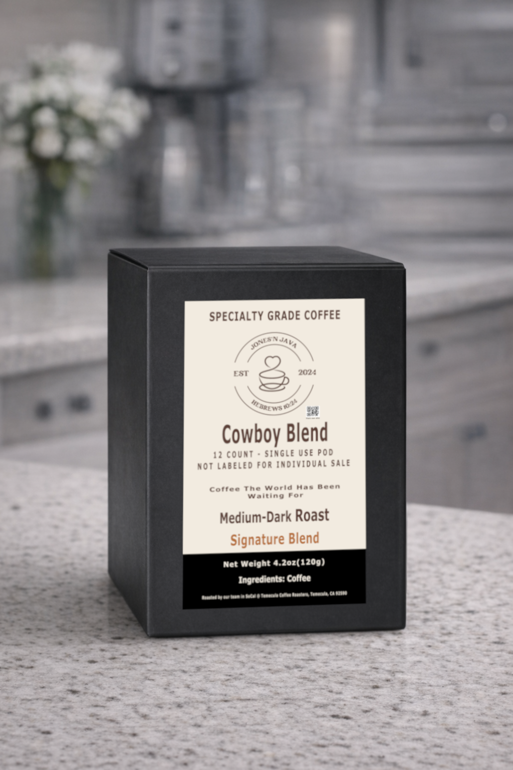Jones’N Java Cowboy Blend coffee pods, 12 count single-serve pods, medium-dark roast specialty grade coffee in black box packaging