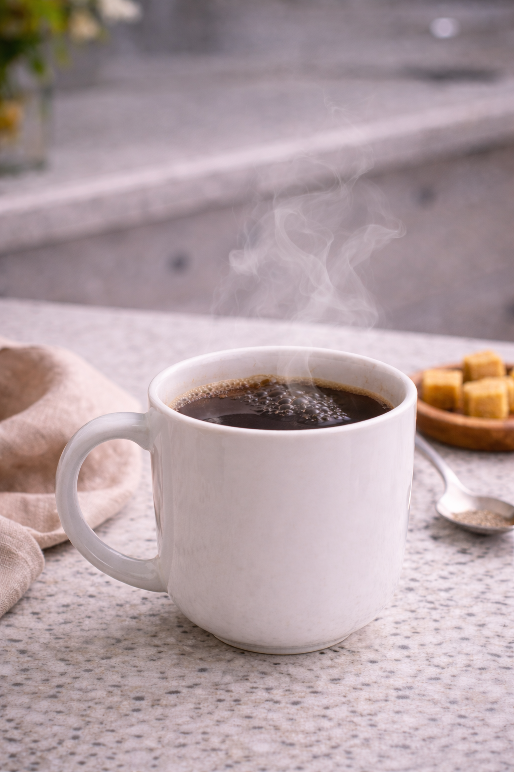 Freshly prepared cup of Jones’N Java Instant Java medium roast instant coffee on a kitchen counter