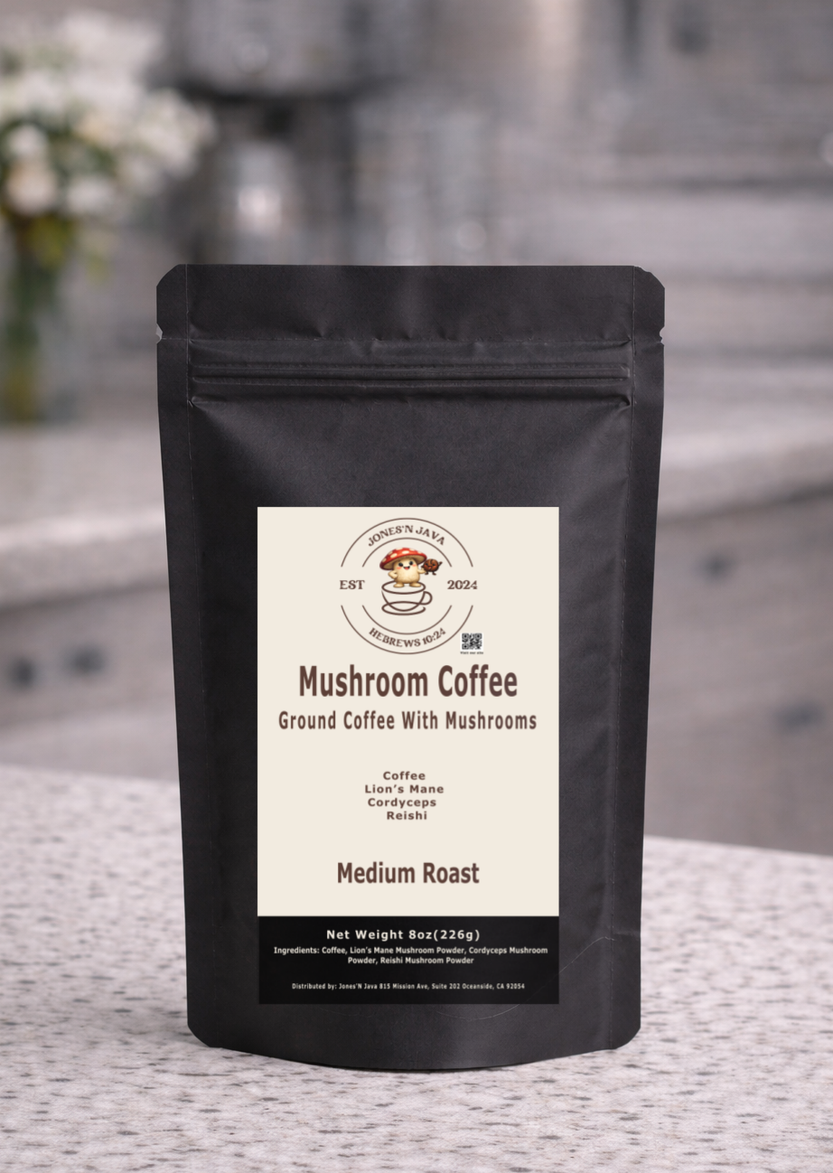 Jones’N Java mushroom coffee medium roast ground coffee in compostable black bag on kitchen counter
